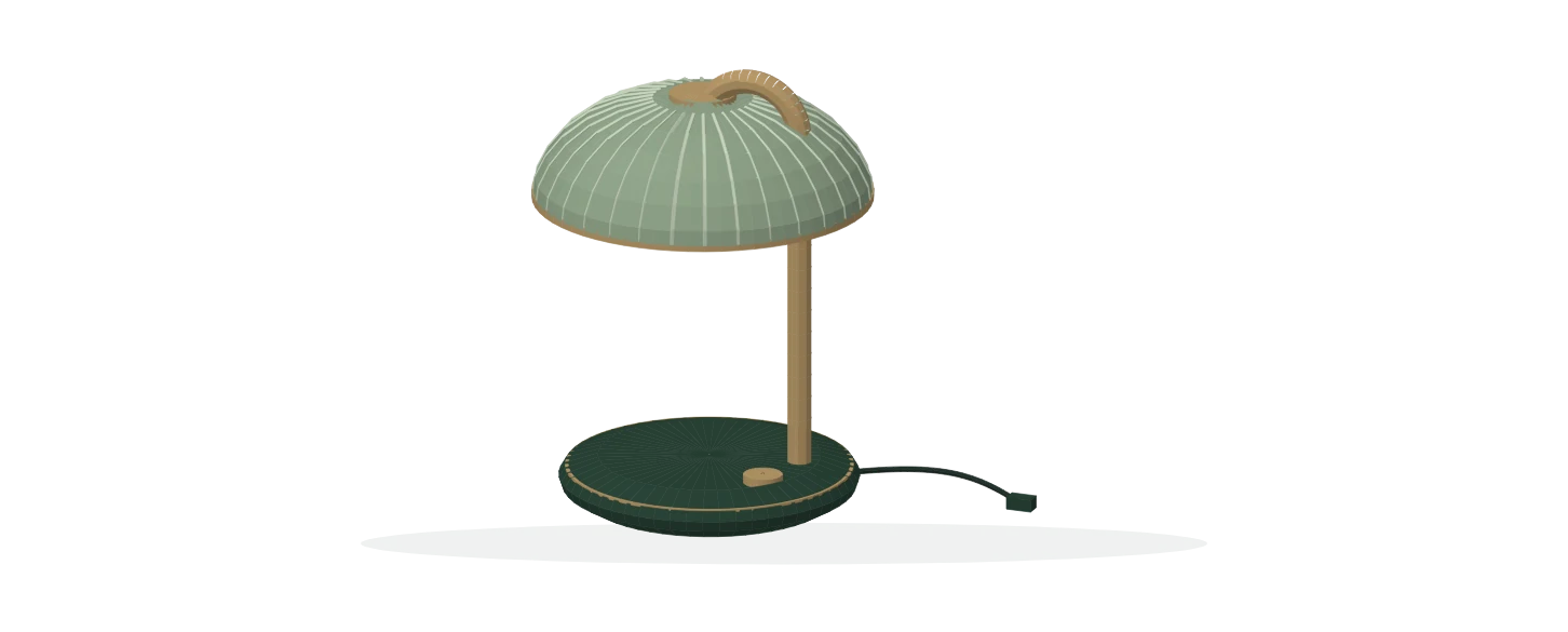 Three-dimensional ribbed table lamp with sculpted shade, curved stem, circular base, edge trim and surface detailing.