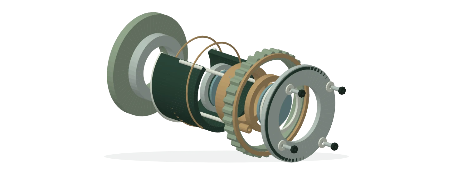 Exploded optical focusing module with a cutaway housing, guide rails, lens carriage, toothed collar, retaining rings and fasteners.