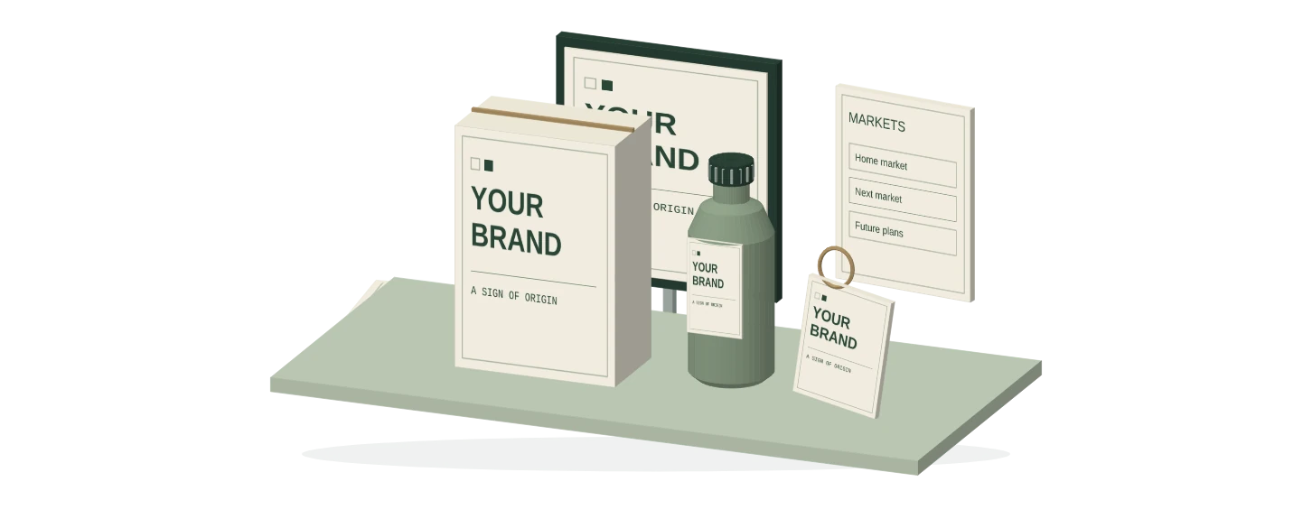 Three-dimensional brand presentation with a labelled bottle, product carton, hangtag, digital display and separate offering and market briefs.
